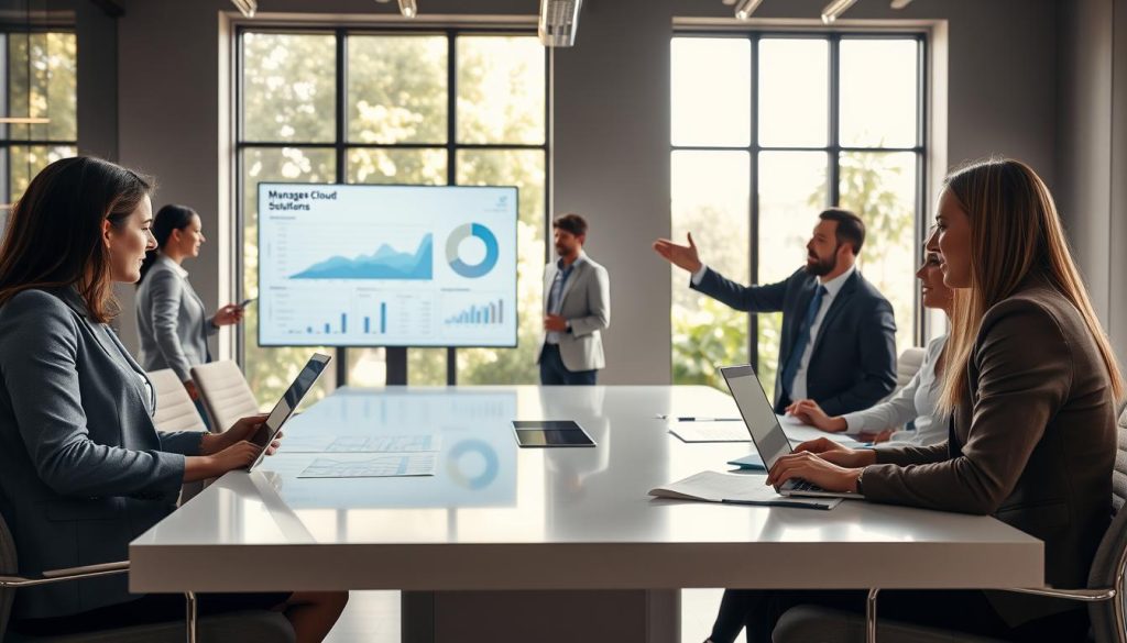 A modern office setting showcasing a diverse team of professionals collaborating on managed cloud solutions. In the foreground, a focused businesswoman in professional attire is analyzing data on a laptop, while a man beside her is gesturing towards a digital dashboard displayed on a large screen. In the middle, a clean, sleek conference table is surrounded by charts and graphs emphasizing cloud technology benefits. The background features large windows with natural light streaming in, illuminating the workspace and highlighting greenery outside, creating an inspiring atmosphere. The overall mood is one of collaboration, innovation, and professionalism, with a warm color palette that conveys optimism about managed cloud services.