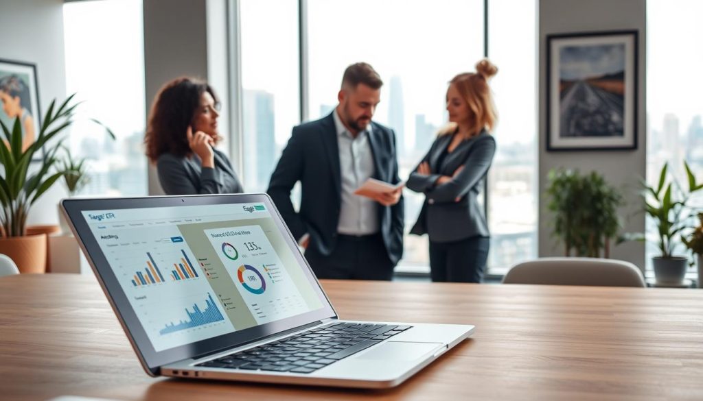 A modern office setting showcasing cloud technology with a focus on Sage 300 ERP. In the foreground, a sleek laptop displays the Sage 300 interface, showing charts and data analytics. To the left, a diverse group of three professionals in business attire, engaged in a discussion over the laptop, exude a sense of collaboration and efficiency. In the middle ground, a large window offers a panoramic view of a city skyline, symbolizing growth and opportunity. The background features a minimalist office design with potted plants and art on the walls, enhancing a productive atmosphere. Bright, soft lighting illuminates the scene, creating a warm and inviting feel. The composition should convey innovation and the transformative power of cloud integration in modern business practices.
