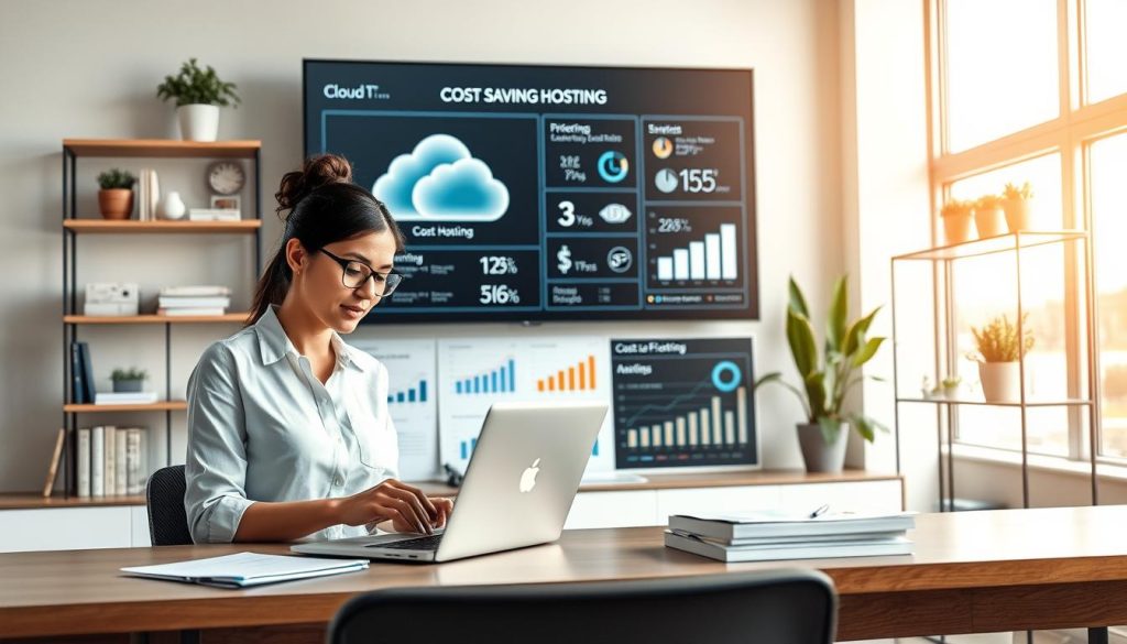 A modern office setting showcasing cost efficiency in cloud hosting. In the foreground, a professional businesswoman in smart casual attire analyzes financial data on a laptop, surrounded by charts and graphs illustrating pricing models. The middle layer features a large digital screen displaying cloud infrastructure and cost-saving analytics. In the background, minimalist shelves hold technology books and potted plants, adding a touch of nature. Soft, natural lighting filters through a large window, creating a warm and inviting atmosphere that emphasizes innovation and professionalism. The composition should provide a clear focus on the subject, highlighting the theme of cost efficiency in a modern business environment.