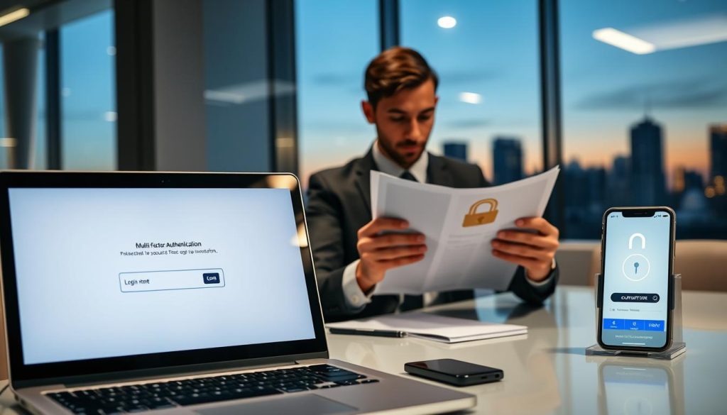 A modern office setting showcasing multi-factor authentication for digital security. In the foreground, a laptop screen displays a login page with a prominent multi-factor authentication prompt, including an area for entering a one-time code. Next to the laptop, a smartphone displays an authenticator app with a timer, indicating urgency. In the middle, a professional wearing business attire attentively reviews a security protocol document, emphasizing the importance of safeguarding accounts. The background features a sleek office environment with soft, ambient lighting highlighting the individual’s focus on security measures. A large window reveals a city skyline at dusk, enhancing the professional atmosphere. The overall mood is serious yet proactive, emphasizing the need for robust online security in today’s digital landscape.
