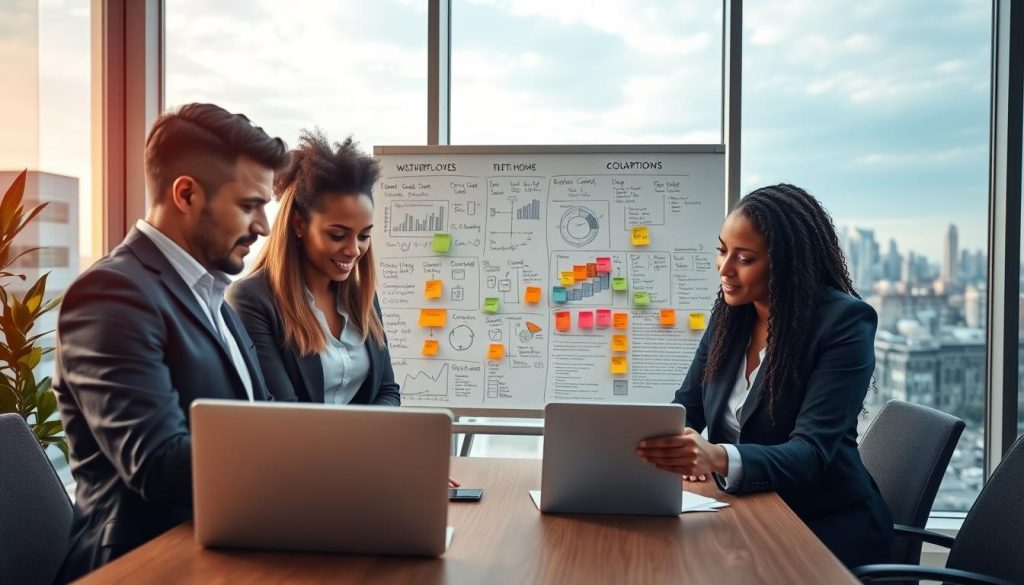 A modern office setting showcasing streamlined QuickBooks workflows. In the foreground, a diverse group of three professionals, dressed in smart business attire, collaborate over a laptop and digital tablet, focusing intently on financial graphs and data visualizations. In the middle, a whiteboard filled with neatly organized flowcharts and process diagrams outlines efficient workflows, while colorful sticky notes add a dynamic touch. The background features large windows letting in natural light, with a view of a city skyline that suggests a bustling business environment. The overall atmosphere is focused and productive, illuminated by soft, warm lighting to enhance the collaborative mood. Use a wide-angle lens to capture the full essence of teamwork and technology in action.