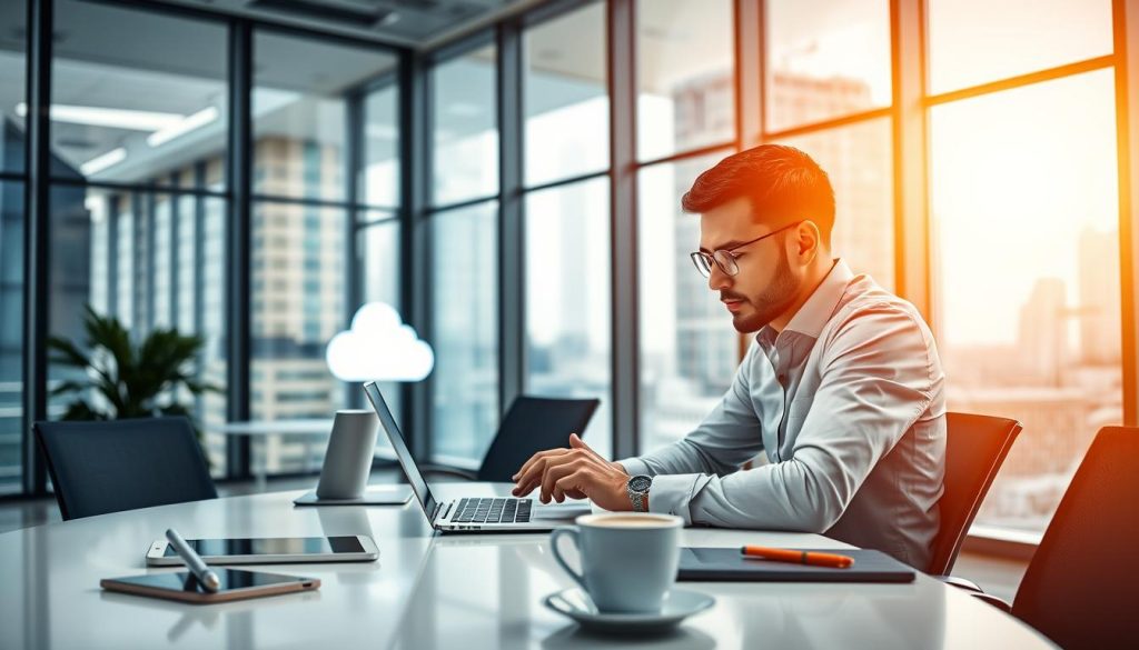 A modern office setting showcasing the benefits of remote access and cloud solutions for streamlining daily operations. In the foreground, a focused business professional in smart casual attire works intently on a laptop, with a clear view of cloud software on their screen. The middle ground features a sleek desk with organizational tools, a digital tablet, and a cup of coffee, symbolizing productivity. In the background, large windows let in soft natural light, illuminating a cityscape beyond, which conveys a sense of connectivity and modernity. The overall atmosphere is vibrant and efficient, with a clear emphasis on innovation and ease of access to technology. Use a slightly elevated angle to capture the workspace while maintaining a warm and inviting lighting tone. A modern office setting showcasing the benefits of remote access and cloud solutions for streamlining daily operations. In the foreground, a focused business professional in smart casual attire works intently on a laptop, with a clear view of cloud software on their screen. The middle ground features a sleek desk with organizational tools, a digital tablet, and a cup of coffee, symbolizing productivity. In the background, large windows let in soft natural light, illuminating a cityscape beyond, which conveys a sense of connectivity and modernity. The overall atmosphere is vibrant and efficient, with a clear emphasis on innovation and ease of access to technology. Use a slightly elevated angle to capture the workspace while maintaining a warm and inviting lighting tone.