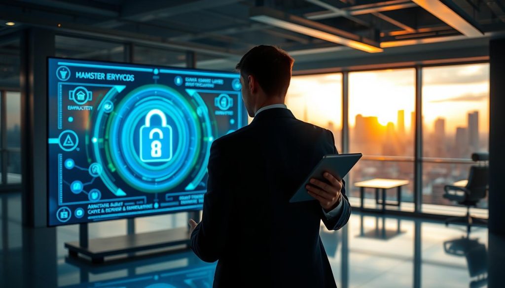 A modern office setting showcasing the concept of cloud security for Sage 300, with a sleek digital interface displaying security metrics. In the foreground, a professional businessperson in smart attire meticulously analyzes data on a tablet, reflecting attention to detail and focus. In the middle ground, a large screen shows a dynamic visual representation of data encryption and security layers, illuminated in blue and green hues, symbolizing technology and innovation. The background features a stylish office with large windows revealing a city skyline, bathed in soft, natural lighting during sunset, creating a warm, secure atmosphere. The overall mood is one of professionalism and trust, emphasizing the importance of data security and disaster recovery in cloud hosting solutions.