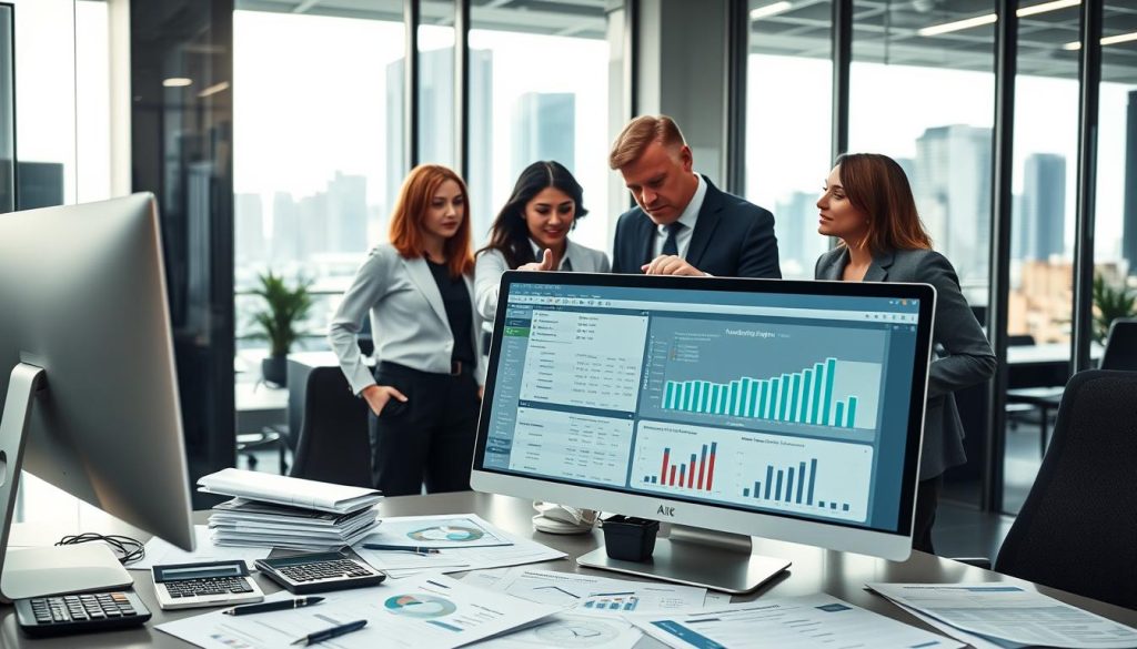 A modern office setting showcasing the seamless integration of professional tax tools. In the foreground, a sleek computer displaying accounting software is open, surrounded by a variety of tax-related documents and tools like calculators, spreadsheets, and analytics charts. In the middle, a diverse group of professionals, dressed in formal business attire, are engaged in a collaborative discussion, pointing at the screen with interest. In the background, tall glass-walled offices and a city skyline create a vibrant atmosphere. Soft, natural lighting pours in through the windows, highlighting the focus on teamwork and efficiency. The mood is productive and optimistic, capturing the essence of integrated professional tax solutions.