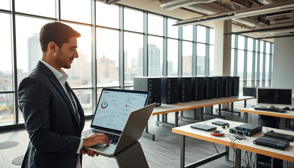 A modern office setting showcasing web hosting services in Raleigh. In the foreground, a professional person, dressed in smart business attire, is focused on a laptop displaying analytics and hosting options. In the middle ground, there are neatly arranged tables with servers and tech equipment representing a web hosting environment. The background features a large window with a view of the Raleigh skyline, bathed in soft natural light that creates a bright and inviting atmosphere. The angle is slightly elevated, capturing both the professional subject and the tech elements seamlessly. The overall mood is optimistic and productive, showcasing the essential criteria for selecting web hosting while highlighting the technological aspect of the industry.