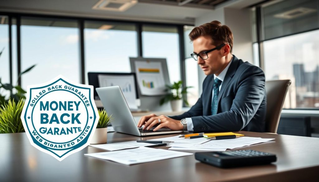 A modern office setting with a focused individual in professional business attire seated at a desk, reviewing a laptop screen displaying a sleek web hosting dashboard. In the foreground, a prominent symbol of a money-back guarantee is illustrated as a shield or badge, emphasizing security and trust. Papers and a calculator are scattered on the desk, indicating financial management. The middle ground features vibrant green plants and motivational decor, suggesting a productive atmosphere. The background shows a well-lit window with a city skyline view, creating a feeling of openness and opportunity. Soft, natural lighting enhances the suburban office vibe, evoking a sense of reliability and professionalism, while a slight depth of field blurs the background slightly, focusing attention on the desk and the money-back guarantee symbol. A modern office setting with a focused individual in professional business attire seated at a desk, reviewing a laptop screen displaying a sleek web hosting dashboard. In the foreground, a prominent symbol of a money-back guarantee is illustrated as a shield or badge, emphasizing security and trust. Papers and a calculator are scattered on the desk, indicating financial management. The middle ground features vibrant green plants and motivational decor, suggesting a productive atmosphere. The background shows a well-lit window with a city skyline view, creating a feeling of openness and opportunity. Soft, natural lighting enhances the suburban office vibe, evoking a sense of reliability and professionalism, while a slight depth of field blurs the background slightly, focusing attention on the desk and the money-back guarantee symbol.