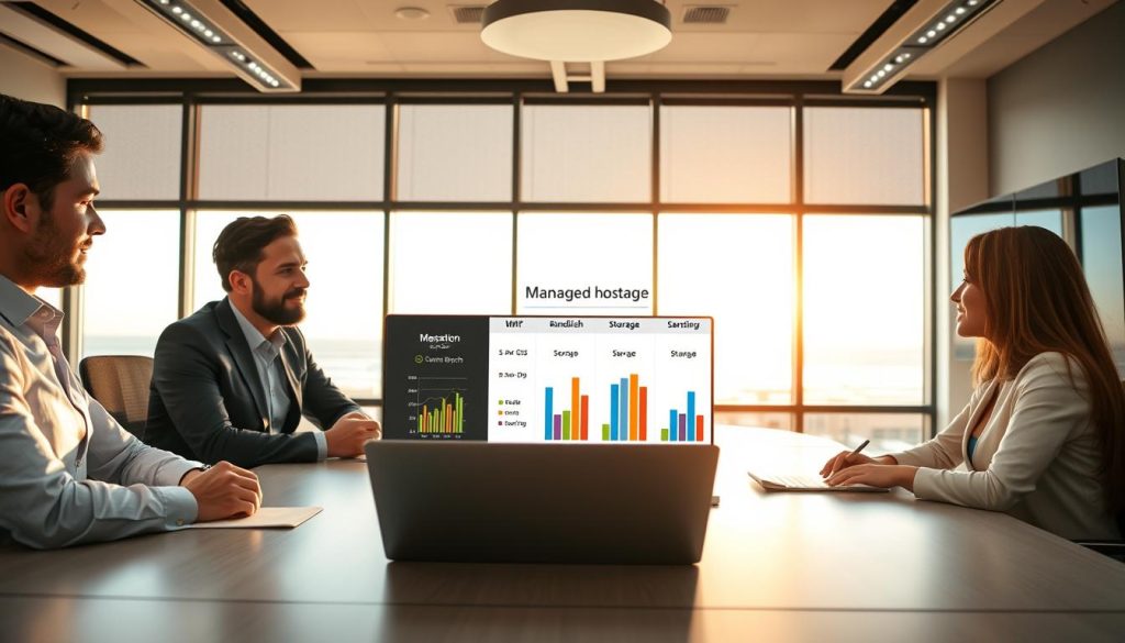 A modern office setting with a large conference table in the foreground, showcasing a diverse group of three professionals in business attire, intently discussing a digital presentation on managed hosting plans. In the middle, a high-tech laptop displays colorful graphs and charts comparing bandwidth and storage options, highlighting various pricing tiers. In the background, a window reveals a scenic view of Myrtle Beach, with soft sunlight filtering through, creating a warm, inviting atmosphere. The room is well-lit with overhead lights, and a large screen mounted on the wall complements the tech-focused environment. The mood is collaborative and professional, emphasizing strategic decision-making in web hosting.