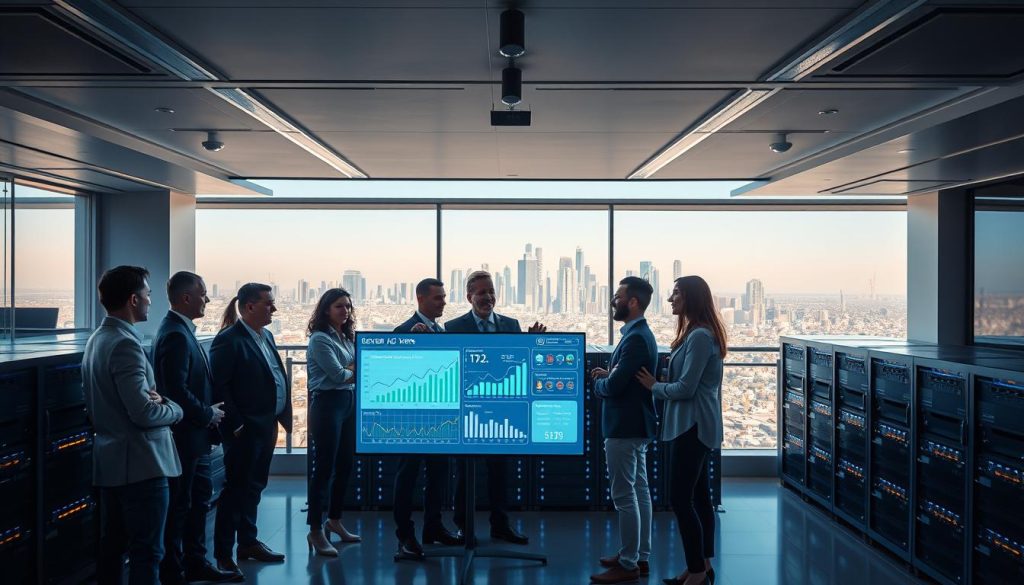A modern office space in Los Angeles with sleek, high-tech decor showcasing high-performance VPS and dedicated server environments. In the foreground, a diverse group of professionals in smart business attire is engaged in a collaboration around a large digital display showing server analytics and performance graphs. The middle ground features rows of powerful servers with blinking lights, showcasing advanced technology and network capabilities. The background reveals a panoramic view of Los Angeles with the iconic skyline under a clear blue sky. Soft, natural lighting floods the room, casting a bright, professional atmosphere that emphasizes innovation and reliability in web hosting solutions. The overall mood conveys confidence, efficiency, and technological prowess.