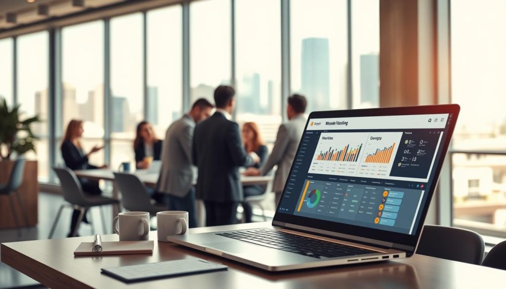 A modern office space showcasing reseller hosting opportunities. In the foreground, a sleek desk with a high-tech laptop open, displaying a vibrant user interface of a web hosting dashboard, surrounded by notepads and coffee mugs. Middle ground features a diverse group of professionals, dressed in smart business attire, engaged in a brainstorming session around a table, analyzing charts and data. The background shows large windows revealing a skyline view of Houston, with bright sunlight streaming in, creating a warm, inviting atmosphere. Soft focus on the background gives depth, while the scene conveys collaboration and innovation in the tech industry. The overall mood is productive and optimistic, emphasizing growth and partnership in web hosting services. A modern office space showcasing reseller hosting opportunities. In the foreground, a sleek desk with a high-tech laptop open, displaying a vibrant user interface of a web hosting dashboard, surrounded by notepads and coffee mugs. Middle ground features a diverse group of professionals, dressed in smart business attire, engaged in a brainstorming session around a table, analyzing charts and data. The background shows large windows revealing a skyline view of Houston, with bright sunlight streaming in, creating a warm, inviting atmosphere. Soft focus on the background gives depth, while the scene conveys collaboration and innovation in the tech industry. The overall mood is productive and optimistic, emphasizing growth and partnership in web hosting services.