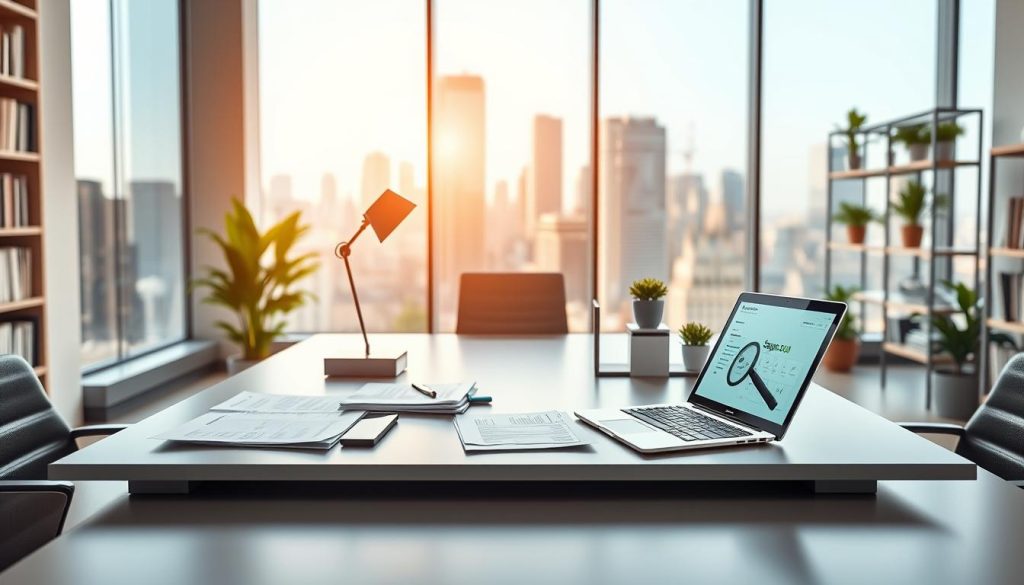 A modern office space showcasing the key features of Sage 500 ERP cloud hosting solutions. In the foreground, a sleek, minimalist desk with high-tech devices like a laptop displaying the Sage 500 interface and a tablet, all surrounded by neatly organized paperwork and a stylish desk lamp. In the middle ground, a large window reveals a city skyline, flooding the scene with natural light, creating a bright and inviting atmosphere. The background features shelves filled with books and plants, enhancing the professional ambiance. The mood is innovative and dynamic, reflecting a cutting-edge business environment. The image is captured with a wide-angle lens to emphasize depth, with soft lighting to enhance clarity and warmth, ensuring a safe and professional appearance without any text or branding.