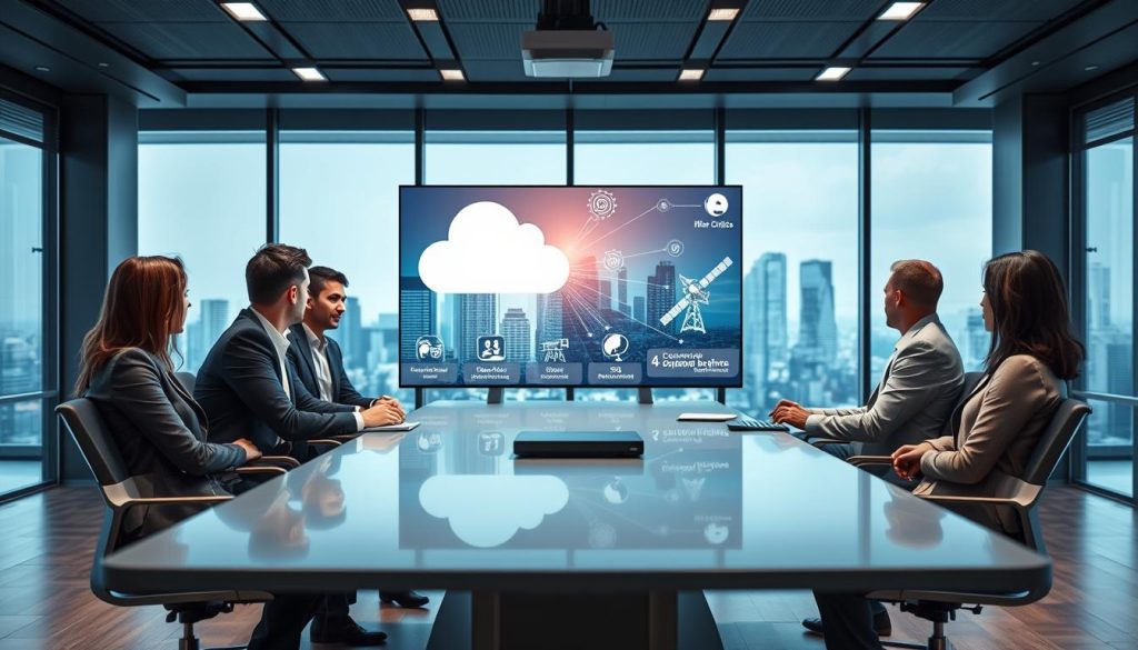 A modern office space showcasing various connectivity options for enterprise. In the foreground, professional individuals in business attire discuss cloud networking solutions around a sleek conference table. In the middle, a large digital screen displays a dynamic infographic illustrating different connectivity options like fiber optics, satellite links, and 5G networks. The background features large windows with a cityscape view, symbolizing progress and innovation. The lighting is bright and focused, enhancing the high-tech atmosphere, with a narrow depth of field that emphasizes the conference table. The overall mood is collaborative and forward-thinking, reflecting the importance of connectivity in today's enterprise landscape. A modern office space showcasing various connectivity options for enterprise. In the foreground, professional individuals in business attire discuss cloud networking solutions around a sleek conference table. In the middle, a large digital screen displays a dynamic infographic illustrating different connectivity options like fiber optics, satellite links, and 5G networks. The background features large windows with a cityscape view, symbolizing progress and innovation. The lighting is bright and focused, enhancing the high-tech atmosphere, with a narrow depth of field that emphasizes the conference table. The overall mood is collaborative and forward-thinking, reflecting the importance of connectivity in today's enterprise landscape.