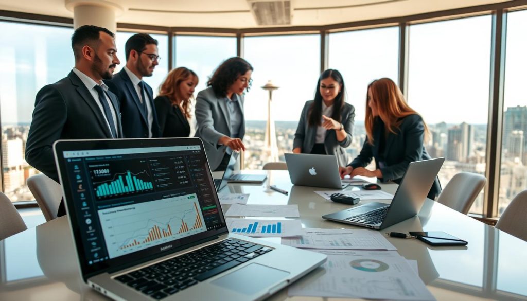 A modern office workspace featuring a diverse group of four professionals in business attire, gathered around a sleek conference table covered with laptops, charts, and web hosting plans. In the foreground, focus on a detailed laptop screen displaying a dashboard of web hosting analytics, while the middle layer shows the team engaged in discussion, pointing at data and brainstorming. The background reveals a large window showcasing a panoramic view of Seattle's skyline, with iconic landmarks like the Space Needle visible under a bright, clear sky. Use natural lighting to create an inviting atmosphere, capturing a sense of collaboration and professionalism. The image conveys trust and expertise in the web hosting industry.