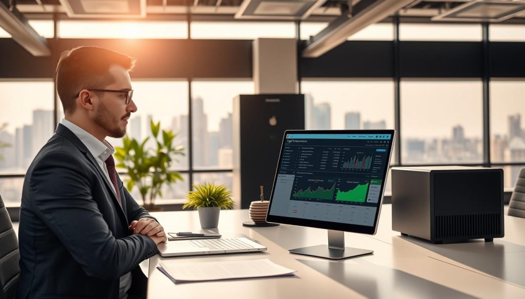 A modern office workspace featuring a laptop displaying the Right Networks QuickBooks interface, with financial graphs and charts on the screen. In the foreground, a professional person in business attire is engaged in thoughtful analysis, with a focused expression. The middle ground shows a stylish, organized desk with documents, a green plant, and a sleek BDIX Server unit. In the background, large windows allow natural light to flood the room, highlighting a bustling cityscape outside, symbolizing growth and opportunity. The lighting is bright and inviting, creating a productive atmosphere. The overall mood is one of professionalism and efficiency, reflecting the essence of scaling an accounting ecosystem.
