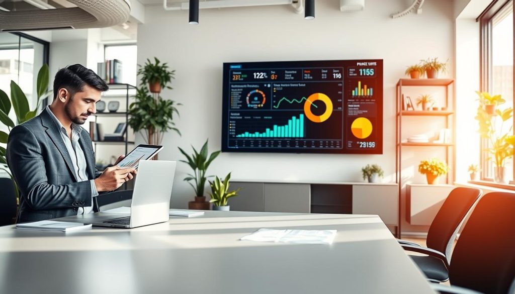 A modern office workspace focused on cost management within SAP Business One. In the foreground, a sleek desk with a laptop displaying financial graphs and spreadsheets. To the left, a professional-looking individual in business attire, analyzing data on a digital tablet, with a thoughtful expression. In the middle, a large wall-mounted screen shows real-time financial data, charts, and KPIs, symbolizing financial efficiency. The background features contemporary office decor, including green plants and organized shelves with business books. Bright, natural light filters through large windows, creating a positive and productive atmosphere. The overall mood is one of professionalism and clarity, emphasizing effective cost management strategies.