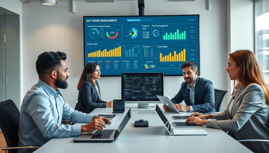 A modern office workspace focused on software management, featuring a large digital screen displaying software update analytics and patch management processes. In the foreground, a diverse group of three professionals in business attire collaborates around a sleek conference table, analyzing charts and graphs with engaged expressions. The middle layer showcases a high-end computer with various software applications open, while a few tablets and laptops are placed around the table. The background includes a large window with natural light streaming in, illuminating the contemporary office decor. The mood is one of teamwork and efficiency, captured in a well-lit, vibrant atmosphere. The angle is slightly elevated, offering a clear view of both the professionals and the digital screen.