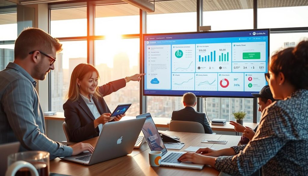 A modern office workspace showcasing a diverse group of professionals collaborating on QuickBooks cloud hosting solutions. In the foreground, a middle-aged woman in business attire is using a laptop, focused on financial graphs displayed on the screen. To her left, a young man in a smart casual outfit points at a digital tablet depicting cloud storage icons. The middle layer features a large wall monitor showing a vibrant dashboard of QuickBooks metrics and charts. In the background, large windows reveal a bustling cityscape under natural sunlight, casting a warm glow across the room. The atmosphere is dynamic and productive, showcasing teamwork and innovation in managing distributed teams. The scene is captured from a slightly elevated angle, highlighting both the technology and the engaged team members.
