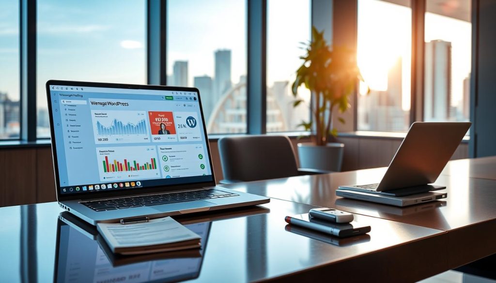 A modern office workspace showcasing managed WordPress hosting. In the foreground, a polished desk with a sleek laptop displaying a vibrant dashboard filled with website analytics, colorful graphs, and WordPress logos. Next to the laptop, a notepad with notes and a smartphone for communication, symbolizing connectivity and efficiency. In the middle, a comfortable office chair and an indoor plant for a touch of nature, emphasizing a productive environment. The background features a large window with natural light streaming in, illuminating the scene, and a city skyline view that adds a professional vibe. The overall atmosphere is one of focus and innovation, conveying the value of managed WordPress hosting.