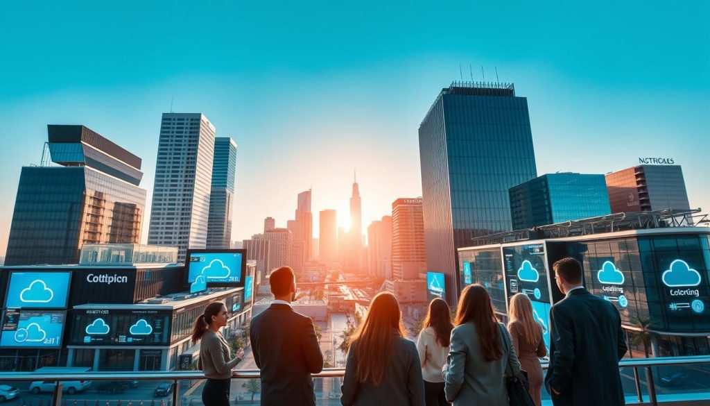 A modern, panoramic view of a bustling Los Angeles business district, showcasing sleek skyscrapers and dynamic architecture, symbolizing the tech-driven companies adopting hybrid cloud hosting. In the foreground, a diverse group of professionals in business attire, engaged in a discussion, representing collaboration and innovation. The middle ground features various businesses with digital screens displaying cloud icons and data analytics, highlighting their reliance on cloud hosting solutions. In the background, the iconic Los Angeles skyline under a bright, sunny sky, casting warm light onto the scene. The mood is optimistic and forward-looking, embodying the potential and growth associated with hybrid cloud technology. A clear blue sky adds to the uplifting atmosphere.