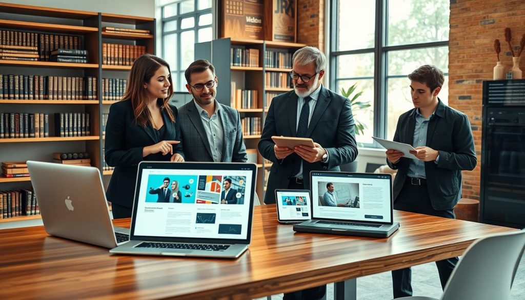 A modern, professional office setting filled with technology, showcasing a diverse group of three individuals engaged in a collaborative discussion. The foreground features a laptop and various website solution mock-ups on a sleek, wooden desk. In the middle ground, the team, dressed in smart business attire, includes a young woman pointing at a digital tablet, a middle-aged man analyzing data on a screen, and a casual-dressed younger man taking notes. The background shows shelves filled with books about web development and servers, with large windows providing warm natural light. The atmosphere is focused and innovative, conveying creativity and teamwork in exploring website solutions for robust online presence. A modern, professional office setting filled with technology, showcasing a diverse group of three individuals engaged in a collaborative discussion. The foreground features a laptop and various website solution mock-ups on a sleek, wooden desk. In the middle ground, the team, dressed in smart business attire, includes a young woman pointing at a digital tablet, a middle-aged man analyzing data on a screen, and a casual-dressed younger man taking notes. The background shows shelves filled with books about web development and servers, with large windows providing warm natural light. The atmosphere is focused and innovative, conveying creativity and teamwork in exploring website solutions for robust online presence.