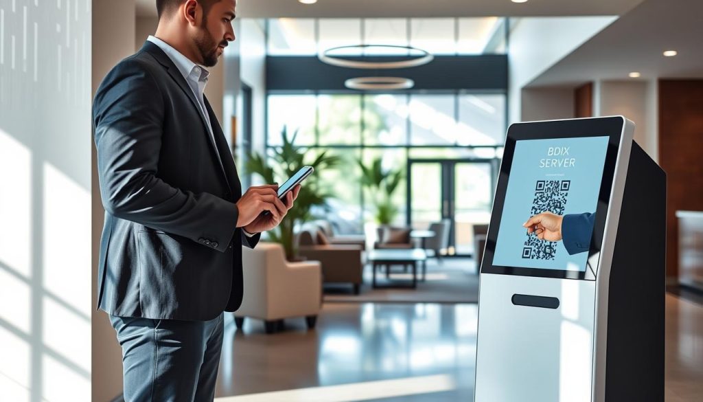 A modern rental property check-in area featuring a sleek, digital kiosk displaying the "BDIX Server" logo. In the foreground, a professional-looking person in smart casual attire interacts with the kiosk, scanning a QR code on their smartphone for contactless check-in. The middle ground shows a stylish, welcoming lobby with plush seating and indoor plants, expertly arranged to evoke a sense of comfort and elegance. The background reveals a large window with sunlight streaming in, highlighting the clean lines and contemporary decor of the space. The overall atmosphere is warm and inviting, conveying a seamless guest access experience. Soft, natural lighting enhances the sharp details, creating a bright and airy feel, ideal for a rental property setting.