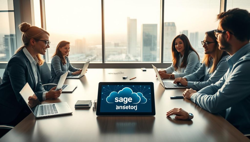 A modern, serene office environment with a diverse group of professionals collaborating around a large conference table, showcasing a digital landscape of cloud infrastructure on their laptops. The foreground features a confident, business-attired woman explaining data analytics on her screen, with her peers attentively engaged. In the middle, a smart tablet displays the Sage Cloud Hosting logo integrated into a digital cloud network visualization. The background features large windows with a city skyline, bathed in soft, warm natural light, creating an inviting atmosphere. The overall mood is focused and inspiring, highlighting the importance of choosing the right tech partner for business growth. Use a wide-angle lens to capture the collaborative spirit in a bright, professional setting.