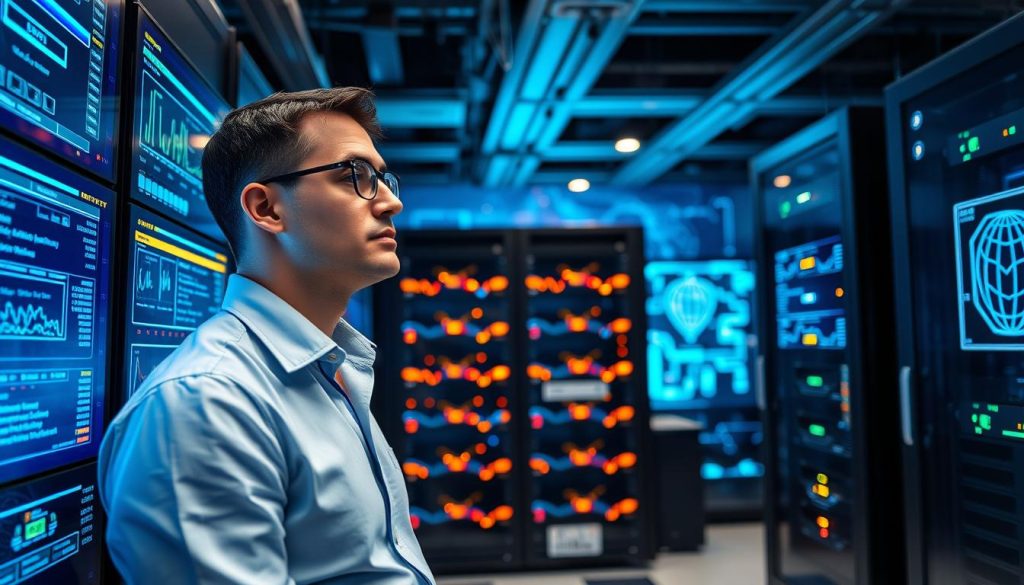 A modern server management environment featuring an array of high-tech servers and network equipment. In the foreground, a focused IT professional in smart casual attire is attentively monitoring data on multiple screens displaying server metrics and graphs. The middle ground showcases sleek server racks with blinking LED indicators and cables neatly organized. In the background, soft blue and green ambient lighting creates a high-tech atmosphere, with abstract digital interfaces projected on the walls. Use a wide-angle lens to capture the depth of the space, emphasizing the intricacy of the hardware. The overall mood is one of efficiency and professionalism, reflecting a robust server management setup in a contemporary office. A modern server management environment featuring an array of high-tech servers and network equipment. In the foreground, a focused IT professional in smart casual attire is attentively monitoring data on multiple screens displaying server metrics and graphs. The middle ground showcases sleek server racks with blinking LED indicators and cables neatly organized. In the background, soft blue and green ambient lighting creates a high-tech atmosphere, with abstract digital interfaces projected on the walls. Use a wide-angle lens to capture the depth of the space, emphasizing the intricacy of the hardware. The overall mood is one of efficiency and professionalism, reflecting a robust server management setup in a contemporary office.