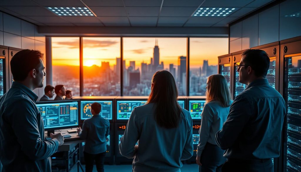 A modern server management environment inside a sleek, high-tech control room. In the foreground, a diverse group of IT professionals in business attire, intently monitoring multiple screens displaying server metrics and analytics. The middle ground features rows of illuminated servers, with bright LED lights casting a soft glow, enhancing the high-tech atmosphere. In the background, large windows showcase a city skyline at dusk, with the fading light creating a warm contrast against the cool tones of the servers. Soft ambient lighting fills the room, emphasizing focus and concentration. The composition captures a sense of expertise, collaboration, and a commitment to reliable web hosting support, effectively illustrating the complexities of server management. A modern server management environment inside a sleek, high-tech control room. In the foreground, a diverse group of IT professionals in business attire, intently monitoring multiple screens displaying server metrics and analytics. The middle ground features rows of illuminated servers, with bright LED lights casting a soft glow, enhancing the high-tech atmosphere. In the background, large windows showcase a city skyline at dusk, with the fading light creating a warm contrast against the cool tones of the servers. Soft ambient lighting fills the room, emphasizing focus and concentration. The composition captures a sense of expertise, collaboration, and a commitment to reliable web hosting support, effectively illustrating the complexities of server management.