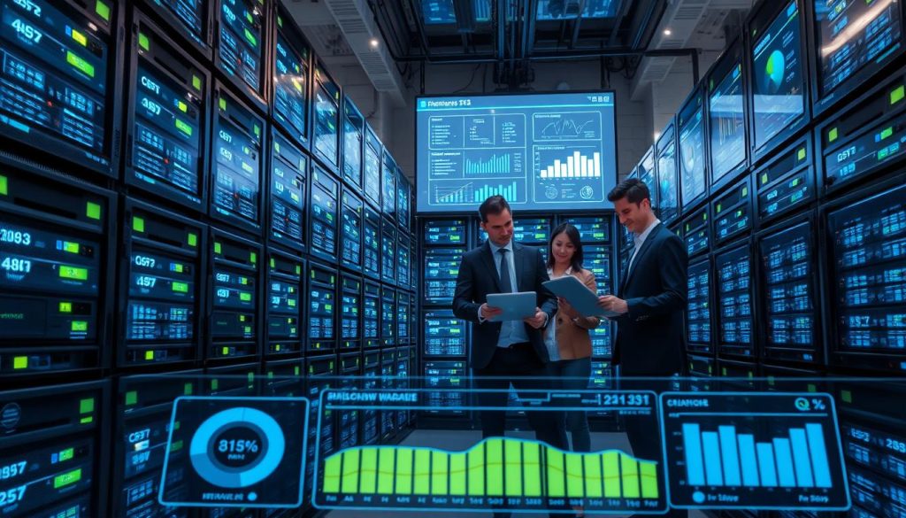 A modern server room filled with sleek, high-tech servers stacked in rows, glowing with soft blue and green LED lights that indicate activity. In the foreground, show a technical dashboard displaying metrics like CPU usage, memory status, and disk performance. The middle ground features professionals in business attire consulting on laptops, analyzing server resources with focused expressions. The background should depict a large screen displaying charts and graphs related to server performance. Use soft, diffused lighting to create a focused, professional atmosphere. Capture the scene from a low angle to emphasize the towering servers and the importance of managing resources effectively. The overall mood should be one of efficiency and technological advancement. A modern server room filled with sleek, high-tech servers stacked in rows, glowing with soft blue and green LED lights that indicate activity. In the foreground, show a technical dashboard displaying metrics like CPU usage, memory status, and disk performance. The middle ground features professionals in business attire consulting on laptops, analyzing server resources with focused expressions. The background should depict a large screen displaying charts and graphs related to server performance. Use soft, diffused lighting to create a focused, professional atmosphere. Capture the scene from a low angle to emphasize the towering servers and the importance of managing resources effectively. The overall mood should be one of efficiency and technological advancement.