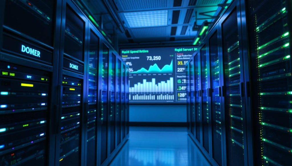 A modern server room showcasing high-performance servers prominently displayed in the foreground, labeled with the brand name "BDIX Server". In the middle ground, glowing LED lights illuminate the sleek hardware, emphasizing the uptime and speed concept. The background features a digital dashboard with animated graphs and metrics, showcasing rapid server response times and uptime percentages. The scene is bathed in cool blue and green lighting, creating a high-tech, energetic atmosphere. The angle captures the intricate details of the server components, shot with a wide lens to convey depth. There's a sense of professionalism and efficiency, symbolizing the critical impact of server speed and uptime on website rankings.