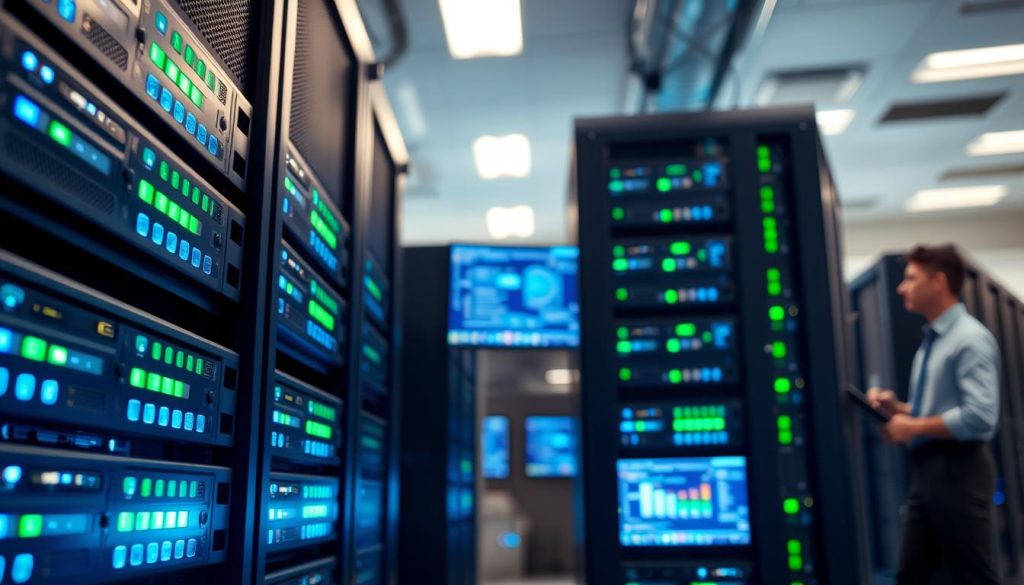 A modern server room with sleek, rack-mounted VPS (Virtual Private Server) systems prominently displayed in the foreground, featuring illuminated LEDs in blue and green hues that suggest activity and efficiency. The middle ground includes blurred server management screens showing real-time data and analytics, enhancing the sense of advanced technology. In the background, a technician in smart casual attire is attentively monitoring the systems, surrounded by a futuristic ambiance created by soft, ambient lighting. The scene captures a sense of flexibility and control associated with VPS hosting, emphasizing stability and reliability. Use a wide-angle lens to highlight the depth of the room, accentuated by cool, professional colors that evoke a calm, trustworthy atmosphere. A modern server room with sleek, rack-mounted VPS (Virtual Private Server) systems prominently displayed in the foreground, featuring illuminated LEDs in blue and green hues that suggest activity and efficiency. The middle ground includes blurred server management screens showing real-time data and analytics, enhancing the sense of advanced technology. In the background, a technician in smart casual attire is attentively monitoring the systems, surrounded by a futuristic ambiance created by soft, ambient lighting. The scene captures a sense of flexibility and control associated with VPS hosting, emphasizing stability and reliability. Use a wide-angle lens to highlight the depth of the room, accentuated by cool, professional colors that evoke a calm, trustworthy atmosphere.