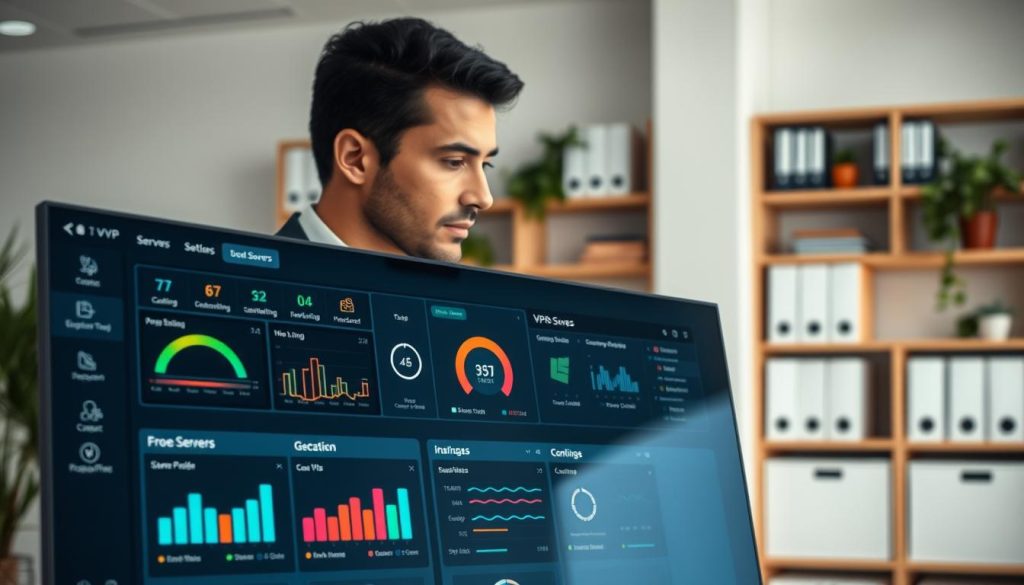 A modern, sleek control panel interface for managing VPS servers is depicted in a spacious, well-lit office environment. In the foreground, a large touchscreen display showcases an interactive dashboard filled with colorful graphical metrics, server statuses, and user-friendly navigation buttons. In the middle, a professional in business attire is attentively monitoring the panel, exuding focus and expertise. The background consists of a minimalist office setup, with shelves lined with tech books and plants, offering a calm yet sophisticated atmosphere. Soft, ambient lighting enhances the focus on the control panel, while a slight depth of field draws attention to the detail of the digital interface. The overall mood is one of professionalism and efficiency, illustrating the ease of managing cloud servers through intuitive technology.