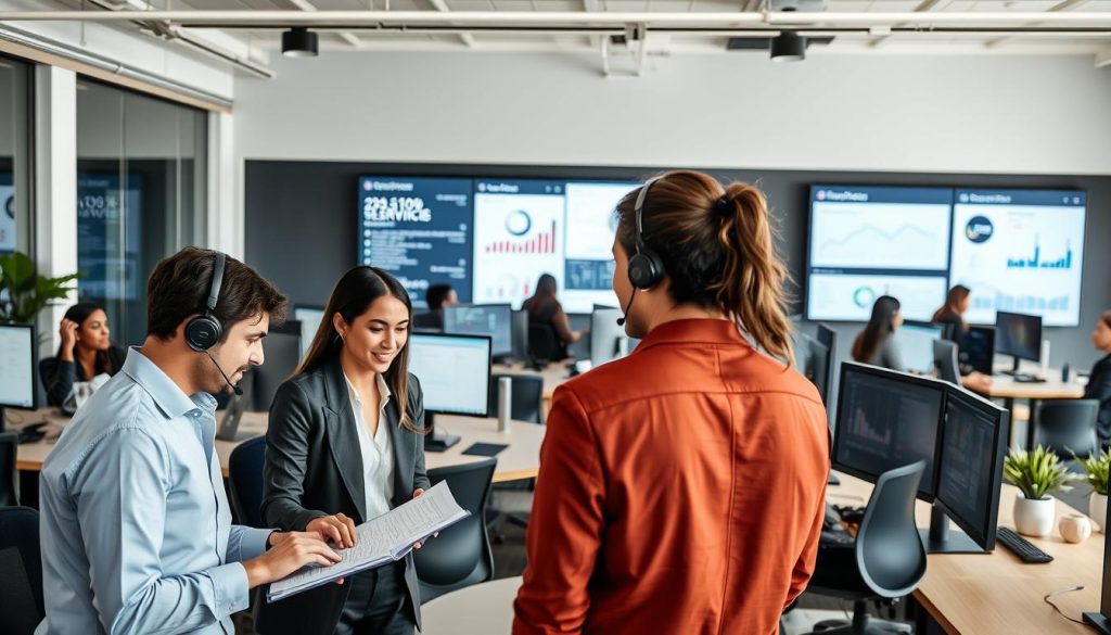 A modern, sleek customer support center with a focus on "BDIX Server". In the foreground, a diverse team of professionals in business attire are engaged in a discussion, one typing on a laptop while another reviews documents. In the middle ground, multiple computer stations with monitors displaying customer queries and support resources are visible. The background showcases a large screen with analytics and charts illustrating service performance. Soft, natural lighting creates a warm, welcoming atmosphere, enhancing productivity. The camera angle is slightly elevated, offering a comprehensive view of the workspace. Emphasize collaboration, friendliness, and efficiency, reflecting the dedication to excellent customer support and resources.