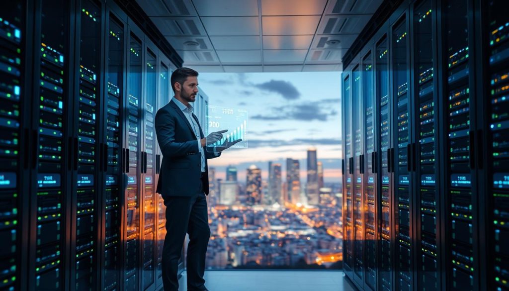 A modern, sleek data center filled with high-tech servers, showcasing scalability and resource allocation. In the foreground, a professional businessperson in smart attire stands confidently, analyzing data on a futuristic holographic display. The middle layer features rows of illuminated servers and network equipment, with vibrant blue and green lights reflecting the flow of data. The background presents a panoramic view of a bustling city skyline at twilight, symbolizing growth and expansion. Soft, ambient lighting creates a sophisticated atmosphere, highlighting the advanced technology while maintaining a professional tone. The image should evoke a sense of innovation and reliability in cloud hosting solutions.
