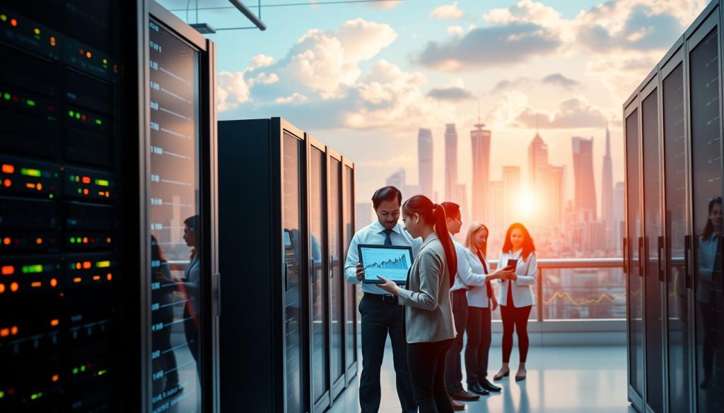 A modern, sleek data center that represents Alibaba Cloud hosting, with rows of illuminated server racks in the foreground, showcasing high-performance technology. In the middle ground, diverse professionals in business attire collaborate around digital devices, analyzing global market data on screens, conveying a sense of teamwork and innovation. The background features an expansive, high-tech skyline complete with futuristic buildings and clouds above, hinting at the global reach of Alibaba Cloud. The scene is lit with bright, cool tones to evoke a feeling of advanced technology and professionalism, captured from a slightly elevated angle to highlight the dynamic environment. Aim for a vibrant, optimistic atmosphere that underscores Alibaba Cloud's impact on worldwide connectivity and market expansion.
