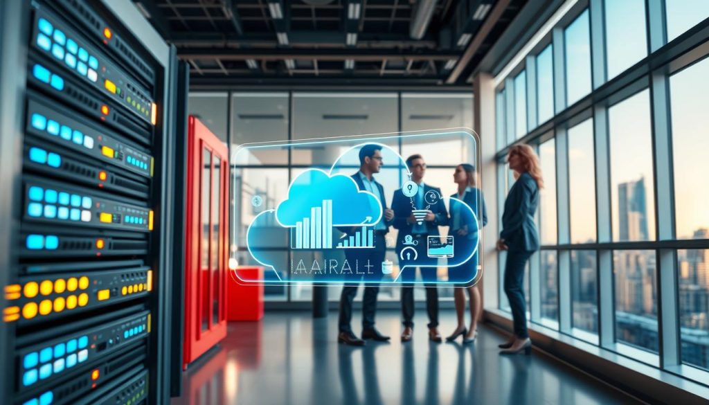 A modern, sleek digital workspace illustrating the concept of "iseries cloud hosting." In the foreground, a stylized, futuristic server rack with glowing indicators, representing cloud technology. In the middle ground, a diverse group of three professionals in business attire are engaged in a discussion around a holographic interface showing data analytics and cloud integration. The atmosphere is vibrant and dynamic, with bright, soft lighting that conveys innovation and teamwork. In the background, a high-tech office environment with large windows revealing a city skyline, hinting at connectivity and modern infrastructure. Capture this scene with a wide angle lens to emphasize the collaboration and technology in a harmonious blend.