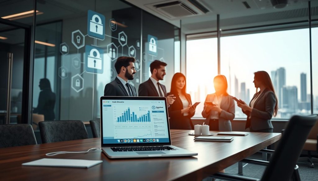 A modern, sleek office environment as the foreground, featuring a well-organized desk with a laptop displaying data protection dashboards and security compliance graphs. In the middle, a diverse group of professionals in business attire are engaged in a discussion about cloud security standards, utilizing digital devices like tablets and smartphones. The background shows a glass wall with digital security icons and a city skyline of Dubai visible outside, symbolizing advanced technology and global connectivity. Soft, natural lighting floods the scene, creating a professional and inviting atmosphere, with a focus on innovation and teamwork. The angle is slightly elevated, capturing both the professionals and the digital security elements clearly, emphasizing the importance of data protection in cloud hosting services.