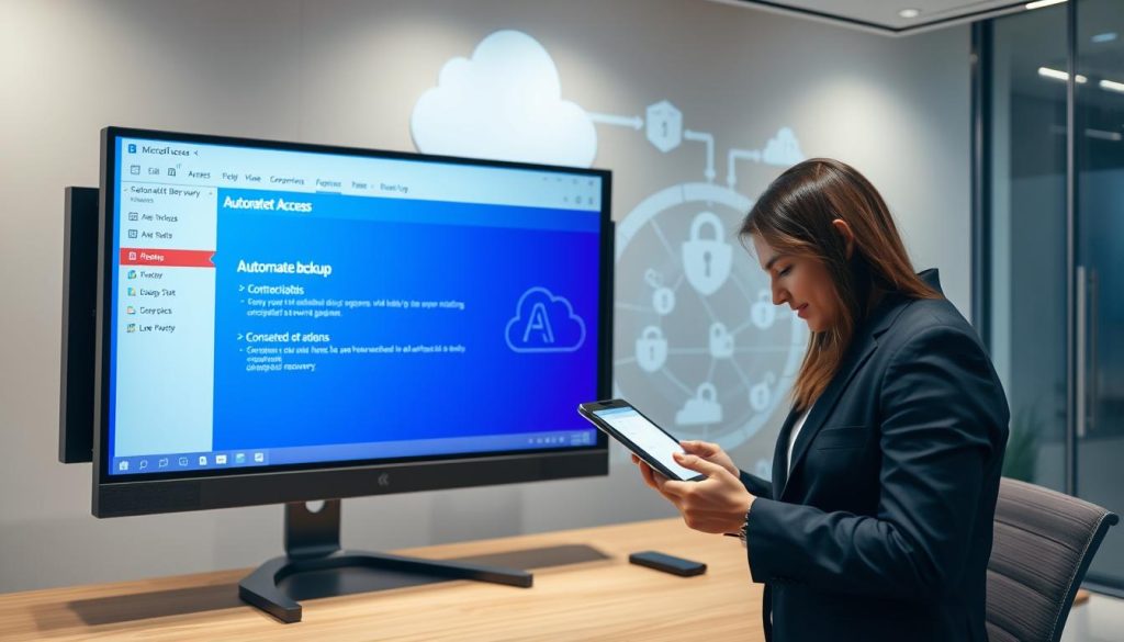 A modern, sleek office environment featuring a large computer monitor displaying a graphical user interface of Microsoft Access with visible automated backup features. In the foreground, show a professional in business attire, intently checking backup notifications on a tablet. In the middle ground, depict a digital cloud with icons representing data transfer and security, symbolizing cloud hosting and disaster recovery. The background should include abstract representations of data flow and protection, such as shield icons and a digital network grid. The scene should be well-lit with soft, ambient lighting, conveying a sense of security and efficiency, shot from a slightly elevated angle to capture the entire office setup.