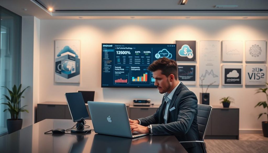 A modern, sleek office environment showcasing SiteGround cloud hosting tools and caching solutions. In the foreground, a professional individual in business attire is seated at a stylish desk, interacting with a high-resolution laptop displaying the SiteGround dashboard. The middle layer features a large monitor, visualizing data analytics and performance metrics, with graphs illustrating fast loading speeds. In the background, soft, ambient lighting illuminates a wall adorned with posters depicting cloud technology concepts, conveying innovation and efficiency. The atmosphere is focused and energetic, evoking a sense of modern professionalism and technological advancement, with a clean and minimalistic design emphasizing SiteGround's managed tools.
