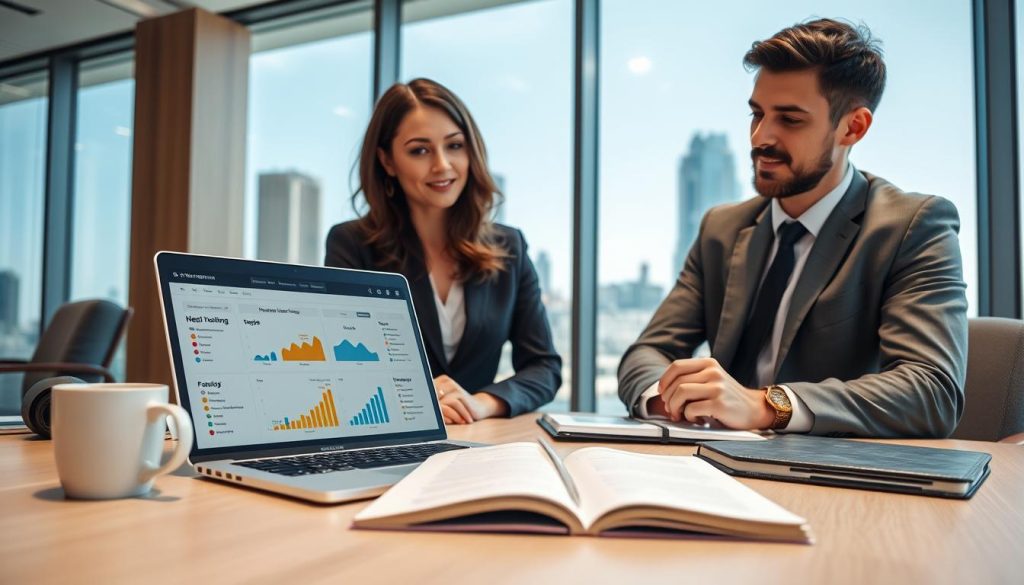 A modern, sleek office setting featuring two professional individuals in business attire, engaged in a comparative analysis of web hosting features. In the foreground, a laptop displays a side-by-side comparison of Neptune Hosting and BDIX Server, with colorful graphs and charts. The middle ground showcases an open notepad with handwritten notes, and a coffee mug to add a casual touch. In the background, a large window offers a bright, natural light, enhancing the analytical atmosphere while revealing a cityscape. The lighting is bright and inviting, suggesting a productive and focused mood. The overall ambiance should convey professionalism and clarity, emphasizing a rational evaluation of service providers.