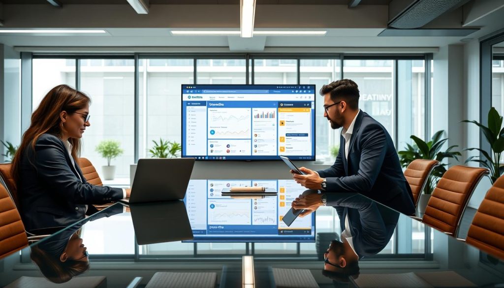 A modern, sleek office workspace featuring a professional web hosting team engaged in collaborative discussion at a glass conference table. In the foreground, a diverse group of three individuals, dressed in business casual attire, analyzes data on a laptop and tablet, showcasing their focus and teamwork. The middle of the image includes a large screen displaying a dynamic website interface, with analytics graphs and a live chat feature for dedicated support. The background reveals a well-lit, contemporary office environment with muted colors, large windows letting in natural light, and greenery enhancing the atmosphere. The scene conveys a sense of professionalism, collaboration, and the importance of dedicated support in web hosting services, set at an inviting angle, with soft, diffused lighting for warmth and approachability.