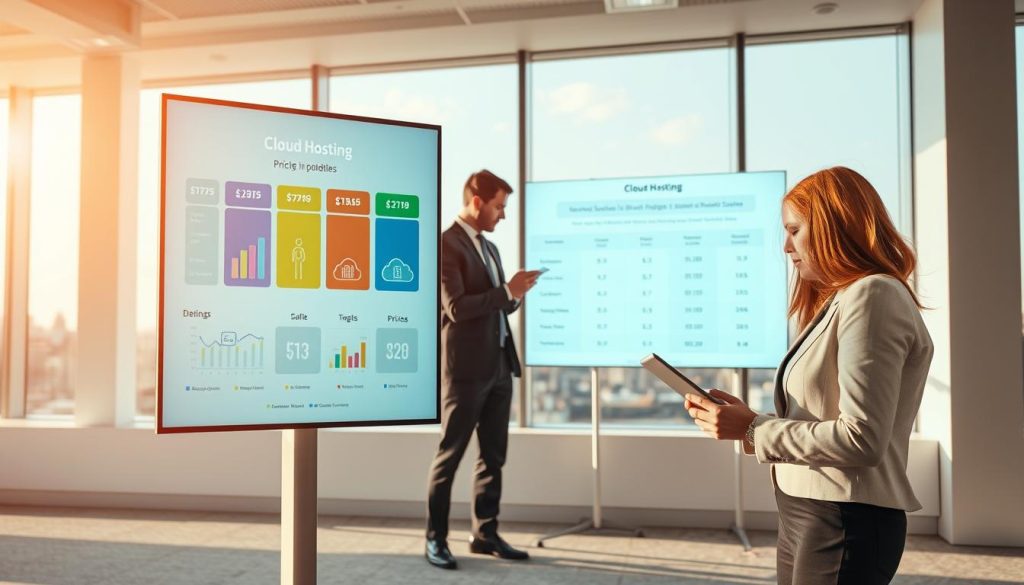 A modern, sleek visualization of cloud hosting pricing models, set in a clean, minimalist office environment. In the foreground, display a large digital screen showcasing various pricing tiers, with colorful graphs and charts indicating cost efficiency, featuring icons representing different cloud services. In the middle, include a professional team of three individuals in business attire, intently discussing the pricing on a tablet. The background should feature large windows with a view of a skyline, allowing natural light to fill the scene and create a bright atmosphere. Emphasize a collaborative, thoughtful mood with warm, inviting lighting that enhances the professionalism of the setting. The camera angle should be slightly elevated, capturing both the team and the pricing presentation in a dynamic composition.