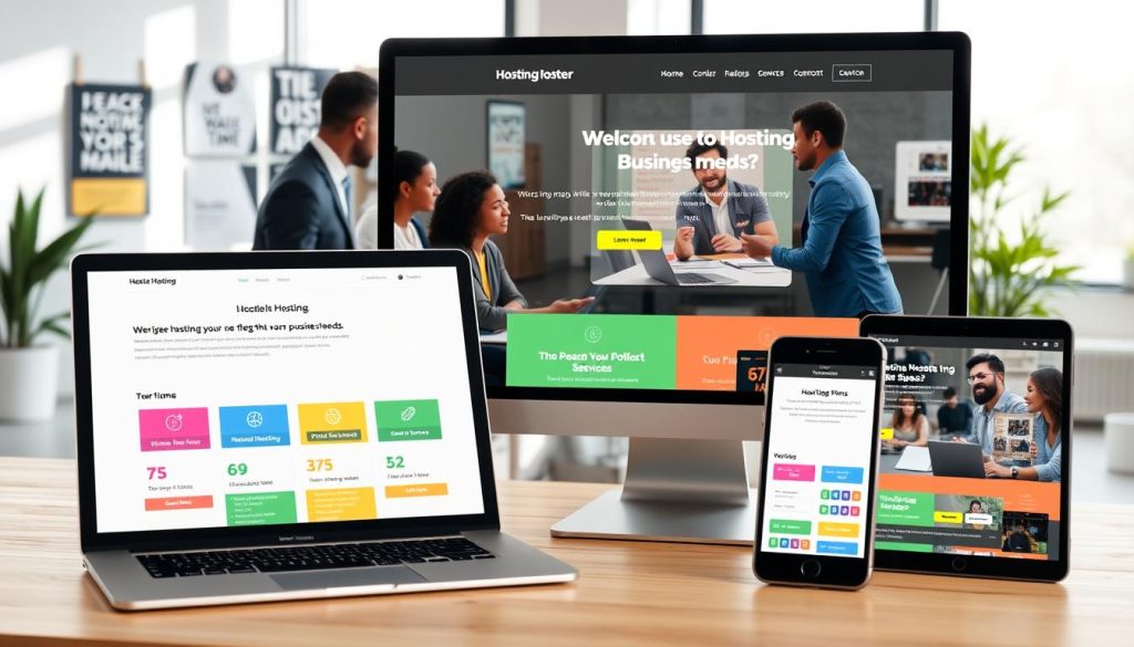 A modern, sleek website design displayed on multiple devices, including a desktop computer, tablet, and smartphone, showcasing various hosting plans tailored for different business needs. In the foreground, a user-friendly interface with vibrant navigation buttons and colorful icons representing services. The middle ground features a group of diverse professionals in business attire discussing hosting strategies, collaborating around a conference table, with a large screen displaying a visually appealing website layout. The background shows a bright, well-lit office with motivational posters and greenery, creating an inviting workspace. Natural light filters through large windows, casting soft shadows, enhancing the atmosphere of innovation and professionalism. The image conveys a sense of reliability and growth, suitable for businesses of all sizes.