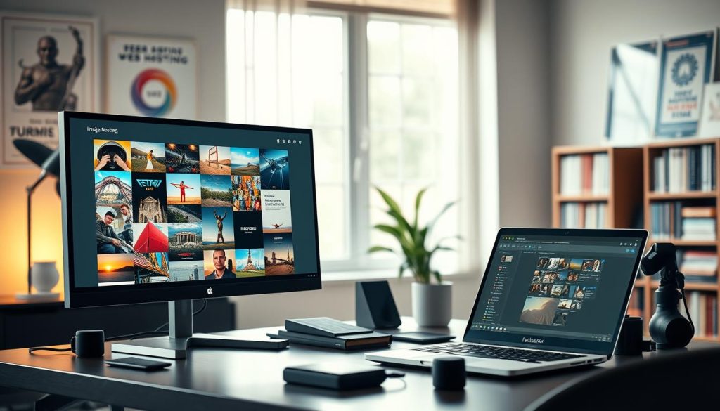 A modern, sleek workspace showcasing a computer setup for image hosting. In the foreground, a high-resolution monitor displays a vibrant selection of diverse web hosting images, while a laptop with an open design software interface sits beside it. The middle ground features a stylish desk adorned with tech gadgets, such as a portable external hard drive and a professional camera. Soft, natural lighting filters through a large window, creating a warm and inviting atmosphere. In the background, blurred but recognizable, are tech-themed posters and a bookshelf filled with books on digital infrastructure. The overall mood is productive, inspiring, and professional, capturing the essence of a successful online presence.