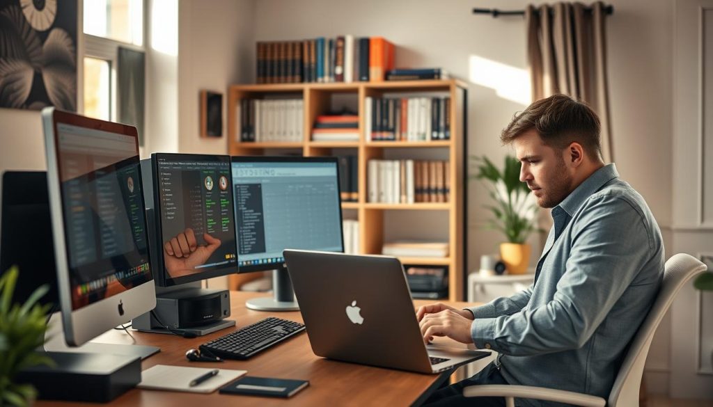 A modern, stylish home office setting with a well-organized desk featuring a sleek computer, open laptop, and various hosting-related paraphernalia like servers and network equipment. In the foreground, a professional in smart casual attire, focused and analyzing data on their laptop. The middle ground showcases a bookshelf filled with technology manuals and guides on saving money through hosting solutions. The background includes a window with natural light flooding the room, casting soft shadows around. The overall atmosphere is optimistic, reflecting productivity and innovation, with a cozy ambiance that inspires creativity and efficiency. Use a shallow depth of field to softly blur the bookshelf while keeping the professional in sharp focus, and ensure warm lighting enhances the inviting mood of the scene.
