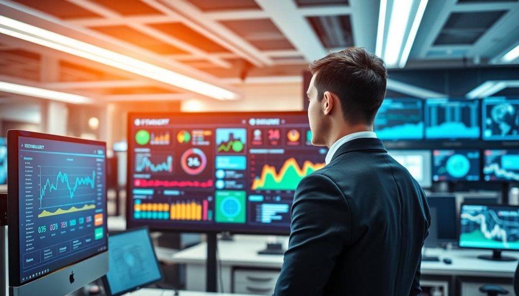A modern, tech-inspired office environment showcasing proactive system monitoring capabilities. In the foreground, a professional individual in business attire is focused on a glowing computer monitor, displaying dynamic graphs and system alerts. In the middle, a large digital dashboard with colorful visualizations, including real-time data metrics and network performance indicators, is framed by sleek white and blue design elements. The background reveals a high-tech room filled with screens and devices, softly illuminated by ambient lighting. The atmosphere is one of efficiency and alertness, conveying a sense of vigilance and technological advancement. The image composition should be clear and balanced, shot from a slightly elevated angle to highlight the dashboard while emphasizing the professional engaged with the technology.