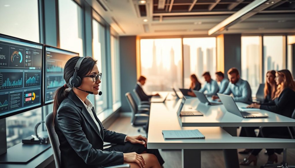 A modern technical support scene in a sleek office environment. In the foreground, a professional woman, dressed in smart business attire, sits at a high-tech desk equipped with multiple monitors displaying data and support dashboards. She is focused on helping customers through a headset, exuding confidence and professionalism. In the middle ground, a diverse team of support agents collaborates at a long table with laptops and tablets, analyzing reports and discussing solutions. The background features large windows with a view of Dubai’s skyline, bathed in warm, natural light, creating a bright atmosphere. The composition should convey a sense of urgency and efficiency, highlighting the importance of customer support in a fast-paced tech environment. Use a slight depth of field to keep the focus on the agents while softly blurring the skyscrapers beyond.