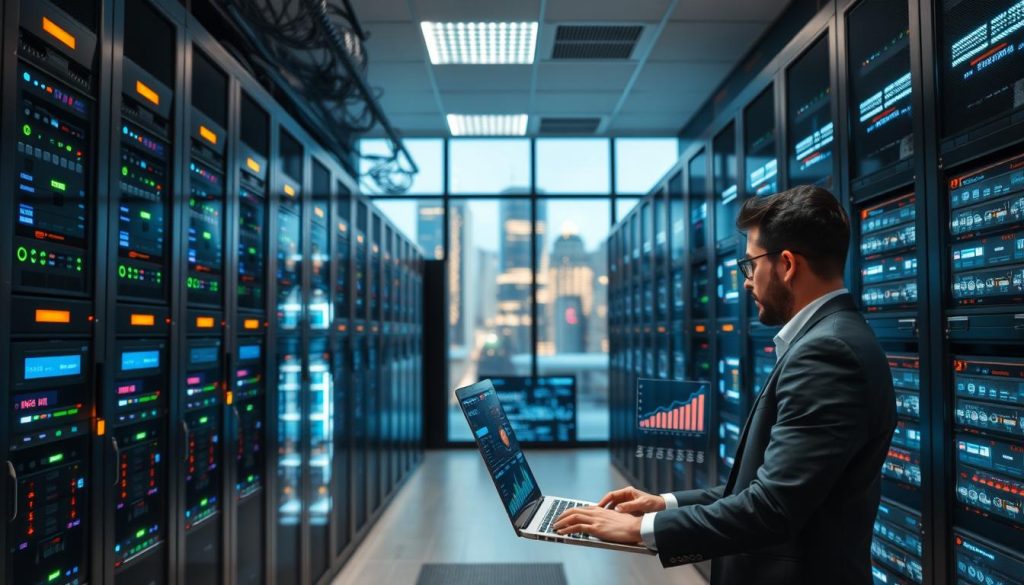 A modern, visually appealing server room filled with sleek server racks, glowing LED indicators, and neatly organized cables, representing the power and flexibility of traditional web hosting. In the foreground, a professional individual in business attire is focused on a laptop, showcasing an interface with graphs and hosting metrics. The middle ground features diverse servers and blinking lights, portraying an active and vibrant hosting environment. The background displays a large glass window offering a city skyline view, symbolizing growth and connectivity. The lighting is bright and focused, emphasizing the glowing screens while casting soft shadows. The atmosphere is dynamic and professional, conveying innovation and reliability in web hosting solutions.