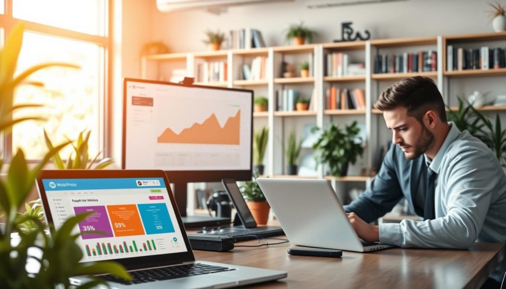 A modern, visually engaging office space showcasing WordPress hosting in action. In the foreground, a sleek laptop displays a bright, user-friendly WordPress dashboard, with colorful design elements and plugins visible on the screen. To the right, a professional individual in smart casual attire works intently, examining the site metrics. In the middle ground, a large monitor shows a graph illustrating website performance metrics, surrounded by plant life and tech gadgets, creating a vibrant workspace. The background features soft-focus shelves filled with books and tech publications, and a window revealing a bright, sunny day outside, casting warm natural light across the room. The atmosphere is productive and innovative, evoking a sense of creativity and modernity in digital hosting solutions.