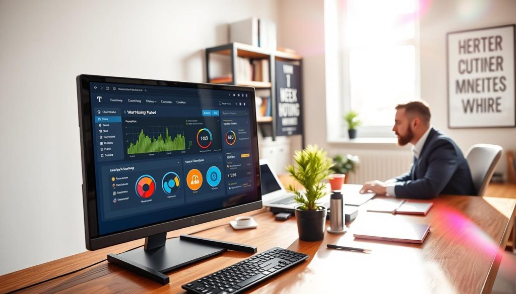 A modern web hosting control panel interface displayed on a sleek computer screen, located on a stylish wooden desk in a well-lit home office. The foreground features the screen showcasing a dashboard with vivid graphs, server status indicators, and user-friendly navigation buttons. A professional-looking user, dressed in business casual attire, is intently working at the desk. In the middle ground, there are some neatly arranged office supplies and a potted plant adding a touch of greenery. The background features softly blurred shelves filled with tech books and a motivational poster. The atmosphere is bright and focused, illuminated by natural light filtering through a nearby window, with a slight lens flare for a dynamic effect. A modern web hosting control panel interface displayed on a sleek computer screen, located on a stylish wooden desk in a well-lit home office. The foreground features the screen showcasing a dashboard with vivid graphs, server status indicators, and user-friendly navigation buttons. A professional-looking user, dressed in business casual attire, is intently working at the desk. In the middle ground, there are some neatly arranged office supplies and a potted plant adding a touch of greenery. The background features softly blurred shelves filled with tech books and a motivational poster. The atmosphere is bright and focused, illuminated by natural light filtering through a nearby window, with a slight lens flare for a dynamic effect.