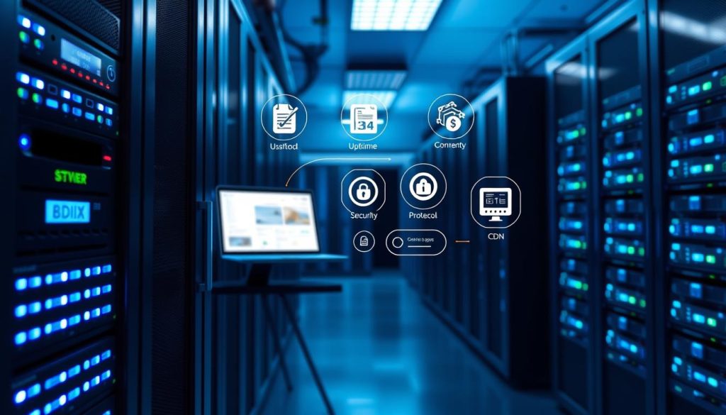A modern web hosting server room showcasing essential features for hosting providers. In the foreground, a sleek, high-tech server rack with glowing LED indicators, labeled "BDIX Server". The middle ground features a well-organized workspace with a laptop displaying a dashboard interface, surrounded by illustrations of key features like uptime statistics, customer support options, security protocols, and a CDN icon. The background shows a softly lit data center with rows of servers and cables neatly arranged. Use cool blue and silver tones to convey a cutting-edge, professional atmosphere, with soft lighting creating a focused ambiance. The angle should be slightly tilted to offer depth, emphasizing the technological sophistication and reliability of modern hosting solutions. Ensure the image is free from any text or logos except for "BDIX Server".
